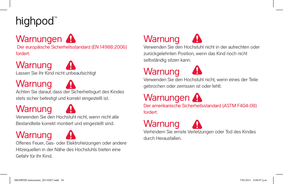 Attention, Highpod, Warnungen | Warnung | phil&teds highpod User Manual | Page 24 / 42