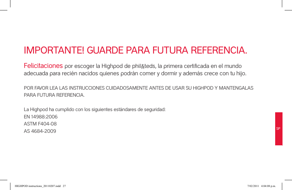 Importante! guarde para futura referencia, Felicitaciones | phil&teds highpod User Manual | Page 27 / 42