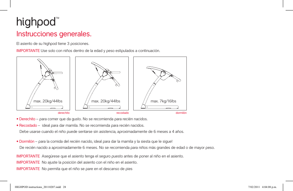 Highpod, Instrucciones generales | phil&teds highpod User Manual | Page 28 / 42