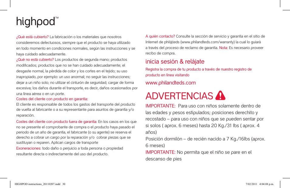 Attention, Highpod, Advertencias | Inicia sesión & relájate | phil&teds highpod User Manual | Page 30 / 42