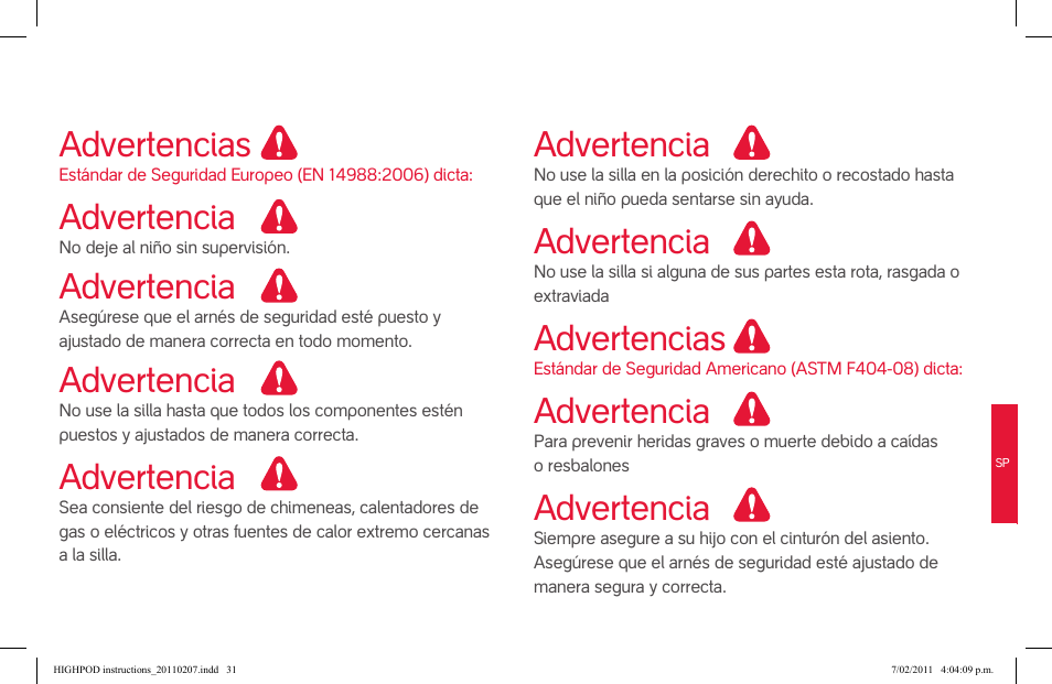 Attention, Advertencias, Advertencia | phil&teds highpod User Manual | Page 31 / 42