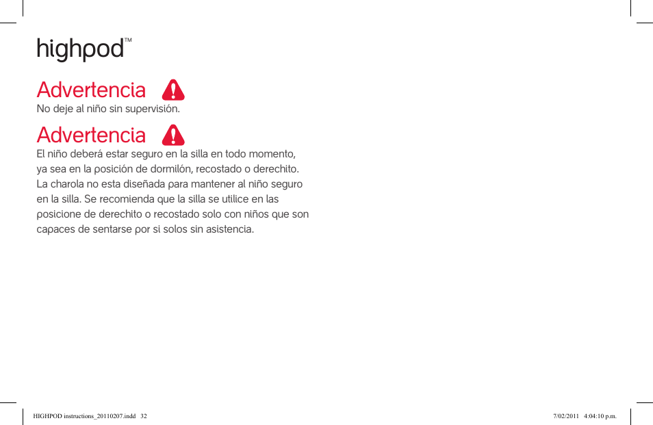 Attention attention, Highpod, Advertencia | phil&teds highpod User Manual | Page 32 / 42