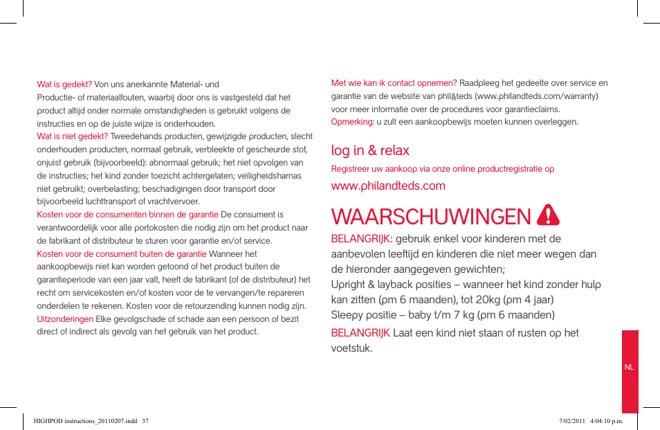 Attention, Waarschuwingen, Log in & relax | phil&teds highpod User Manual | Page 37 / 42