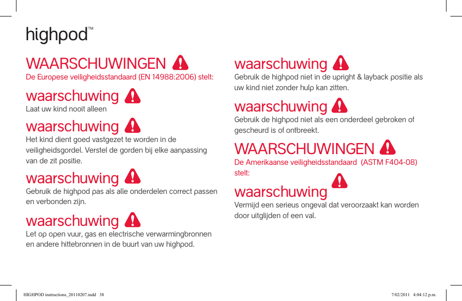 Attention, Highpod, Waarschuwingen | Waarschuwing | phil&teds highpod User Manual | Page 38 / 42