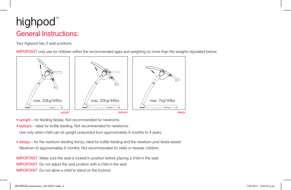 Highpod, General instructions | phil&teds highpod User Manual | Page 6 / 42