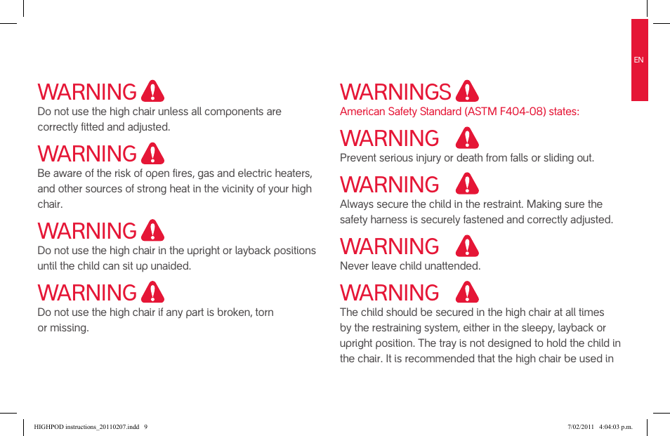 Warning, Warnings | phil&teds highpod User Manual | Page 9 / 42