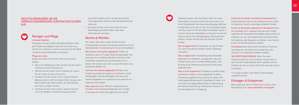 Einloggen & entspannen, Reinigen und pflege, Rechte & pflichten | phil&teds metoo User Manual | Page 13 / 22