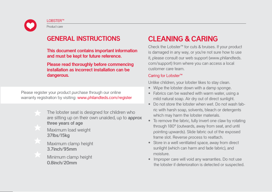 Cleaning & caring, General instructions | phil&teds lobster User Manual | Page 10 / 40