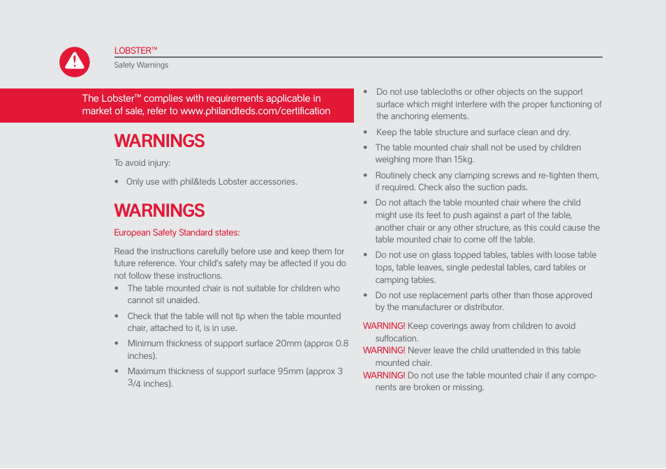 Warnings | phil&teds lobster User Manual | Page 12 / 40