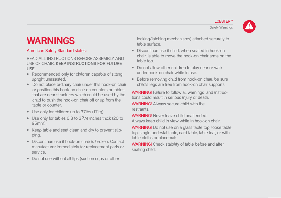 Warnings | phil&teds lobster User Manual | Page 13 / 40