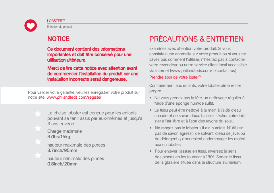 Précautions & entretien, Notice | phil&teds lobster User Manual | Page 16 / 40