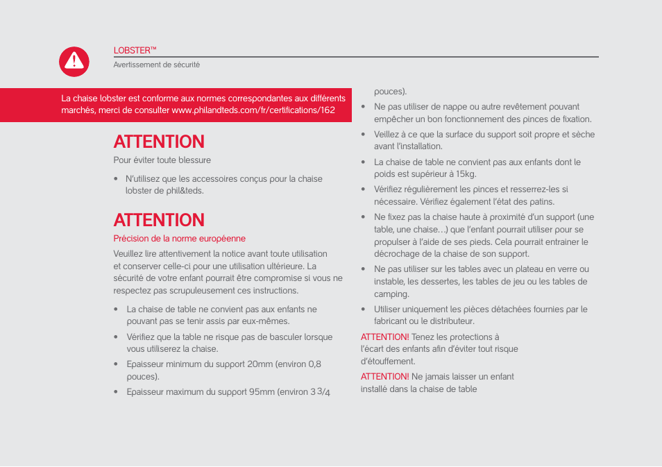 Attention | phil&teds lobster User Manual | Page 18 / 40