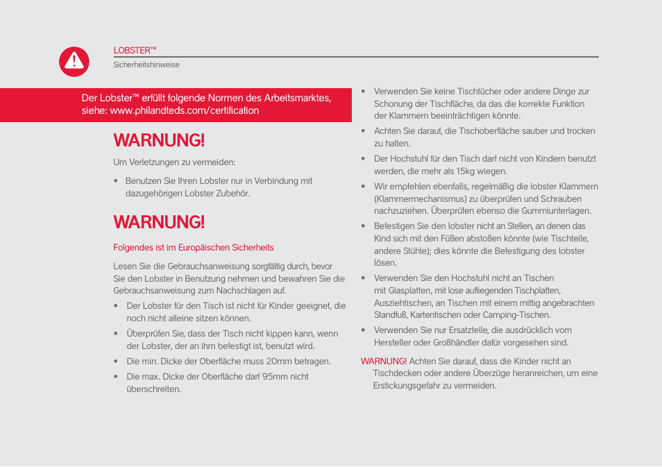Warnung | phil&teds lobster User Manual | Page 24 / 40
