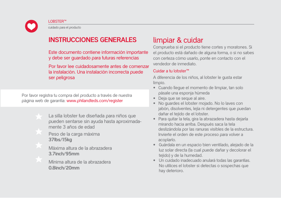Limpiar & cuidar, Instrucciones generales | phil&teds lobster User Manual | Page 28 / 40