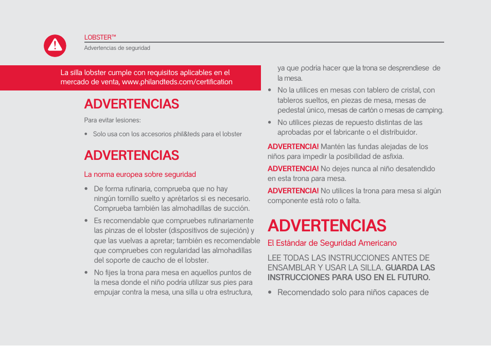 Advertencias | phil&teds lobster User Manual | Page 30 / 40