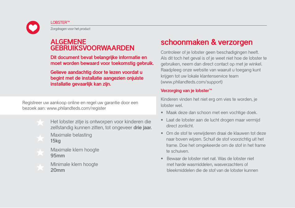 Schoonmaken & verzorgen, Algemene gebruiksvoorwaarden | phil&teds lobster User Manual | Page 34 / 40