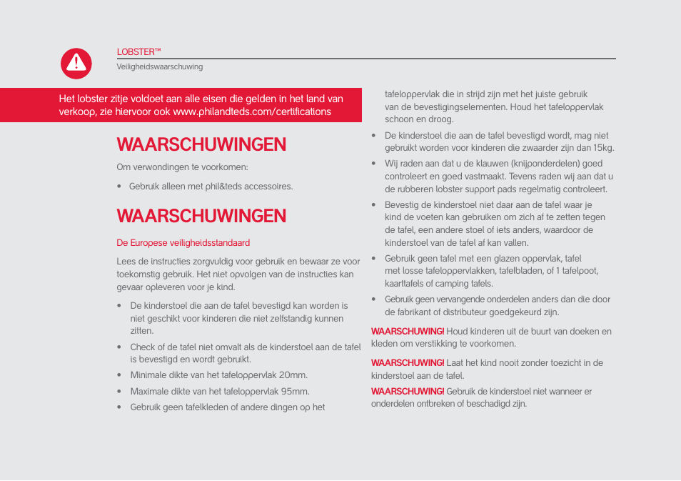 Waarschuwingen | phil&teds lobster User Manual | Page 36 / 40