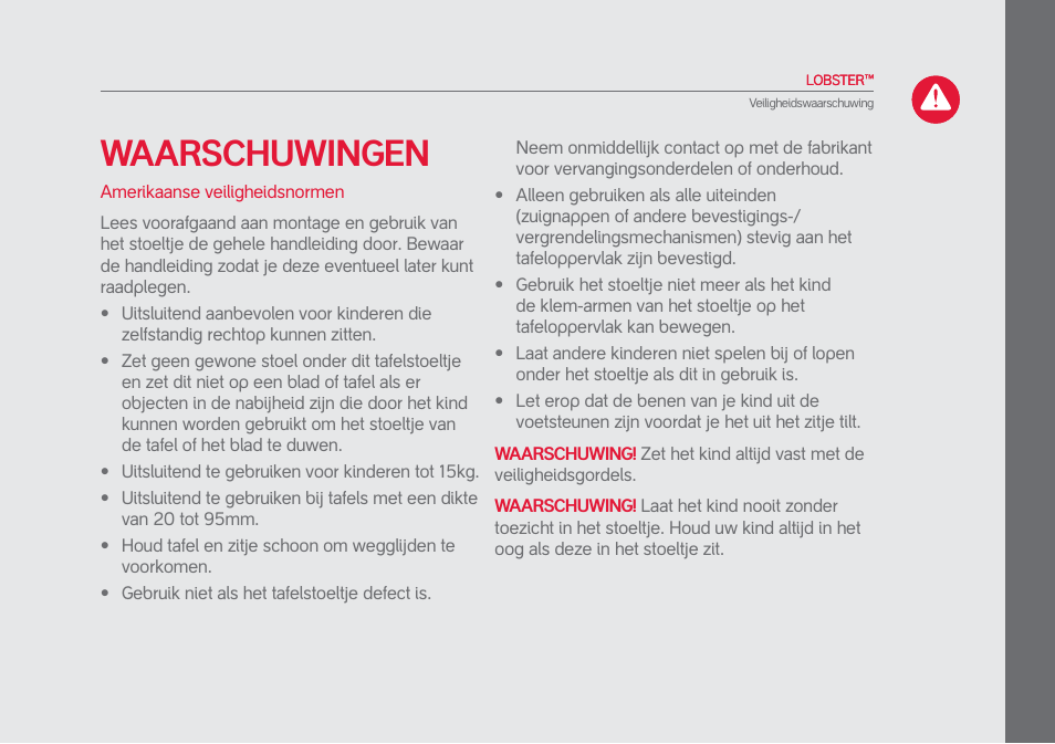 Waarschuwingen | phil&teds lobster User Manual | Page 37 / 40