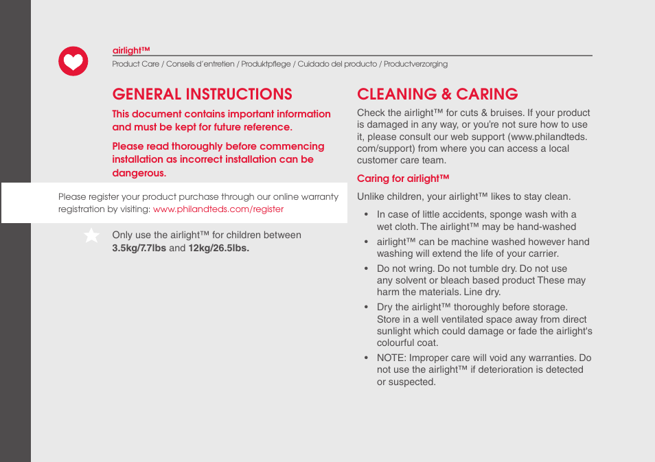 General instructions cleaning & caring | phil&teds airlight User Manual | Page 14 / 32