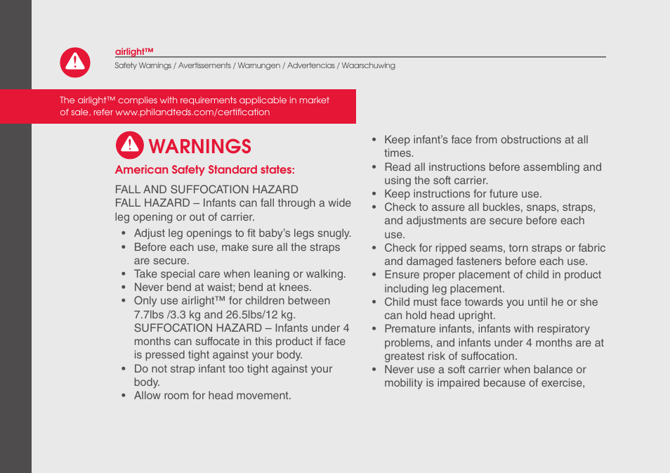 Warnings | phil&teds airlight User Manual | Page 16 / 32