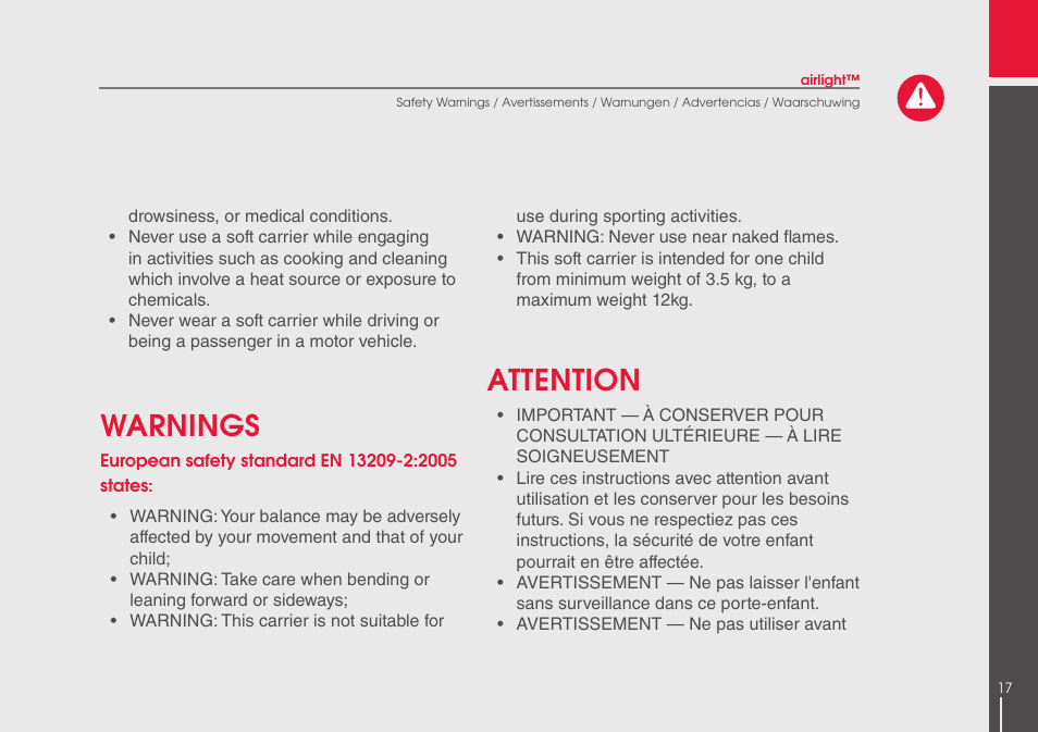 Warnings, Attention | phil&teds airlight User Manual | Page 17 / 32