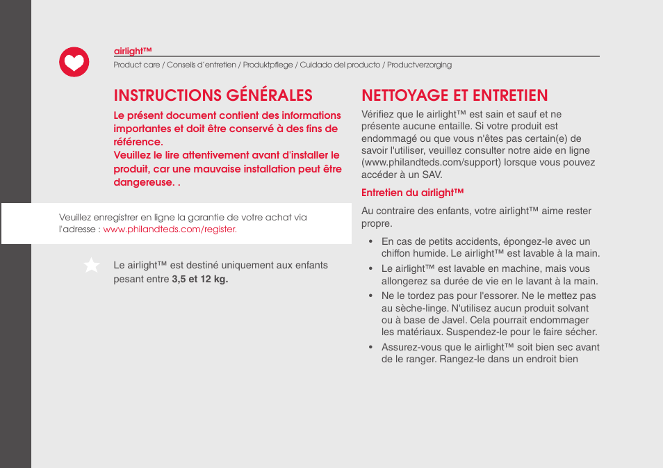 Instructions générales nettoyage et entretien | phil&teds airlight User Manual | Page 20 / 32