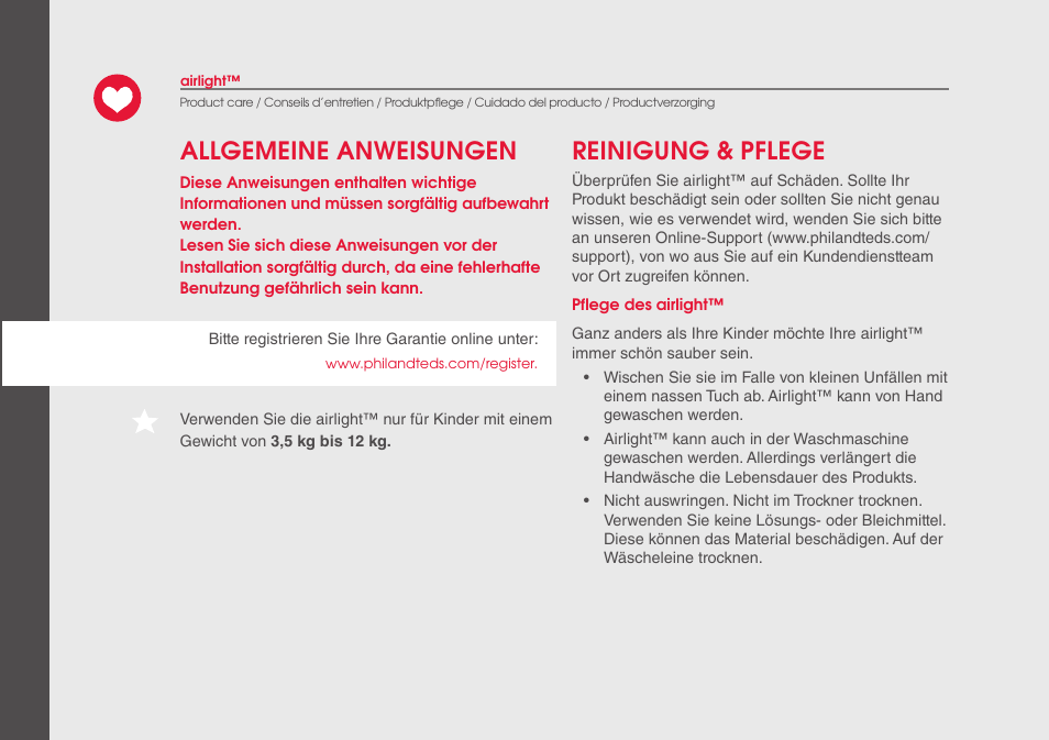 Allgemeine anweisungen reinigung & pflege | phil&teds airlight User Manual | Page 26 / 32
