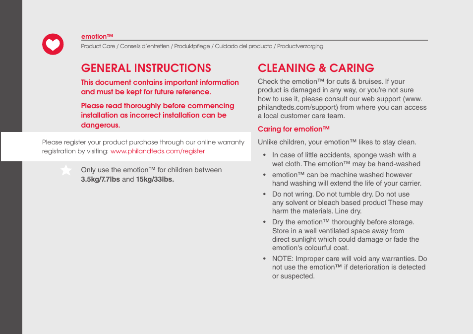 General instructions cleaning & caring | phil&teds emotion User Manual | Page 14 / 32