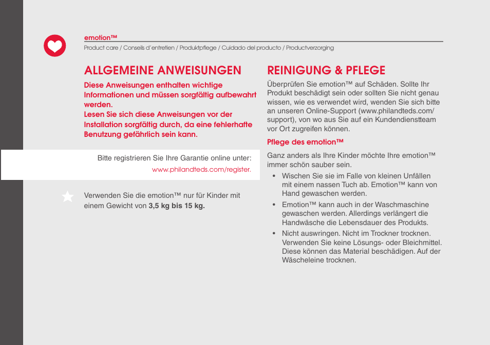 Allgemeine anweisungen reinigung & pflege | phil&teds emotion User Manual | Page 26 / 32