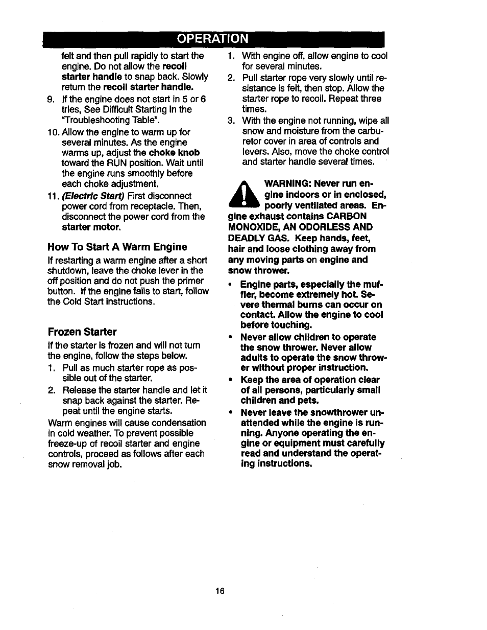 How to start a warm engine, Frozen starter, Operation | Craftsman 536881851 User Manual | Page 16 / 100