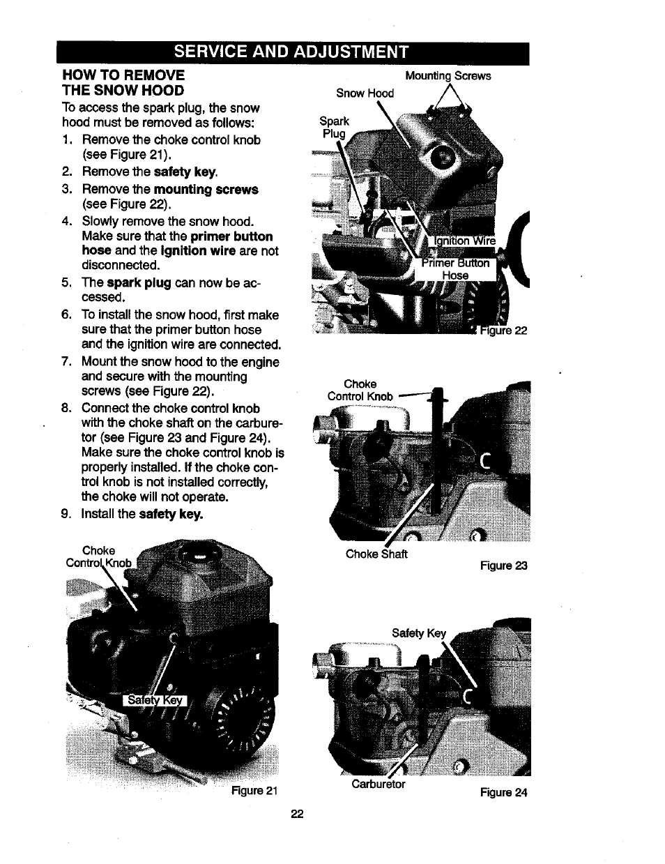 How to remove the snow hood, Service and adjustment | Craftsman 536881851 User Manual | Page 22 / 100