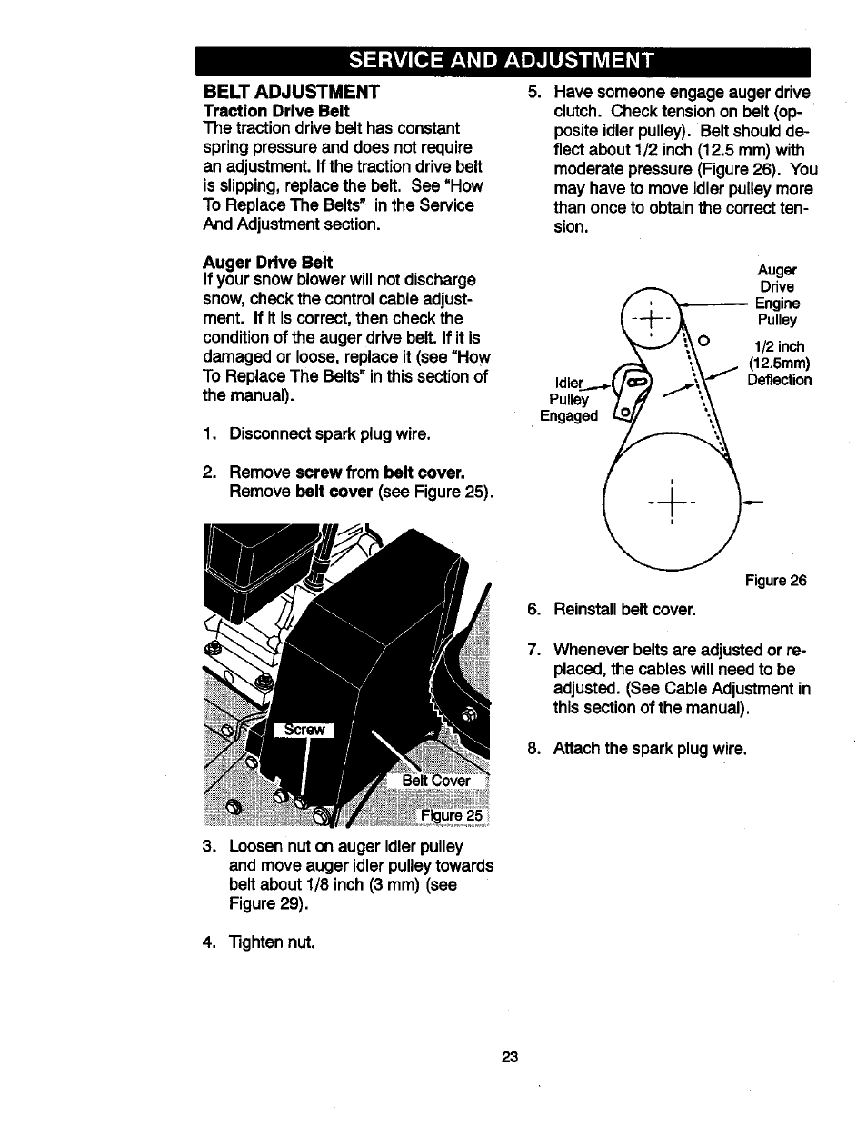 Auger drive belt, Service and adjustment | Craftsman 536881851 User Manual | Page 23 / 100