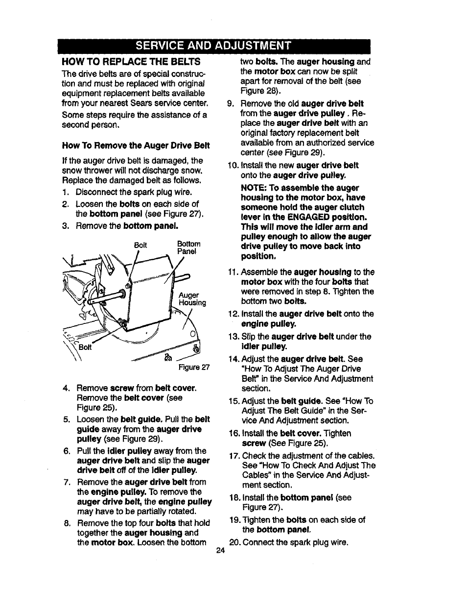 How to replace the belts, How to remove the auger drive belt, Service and adjustment | Craftsman 536881851 User Manual | Page 24 / 100