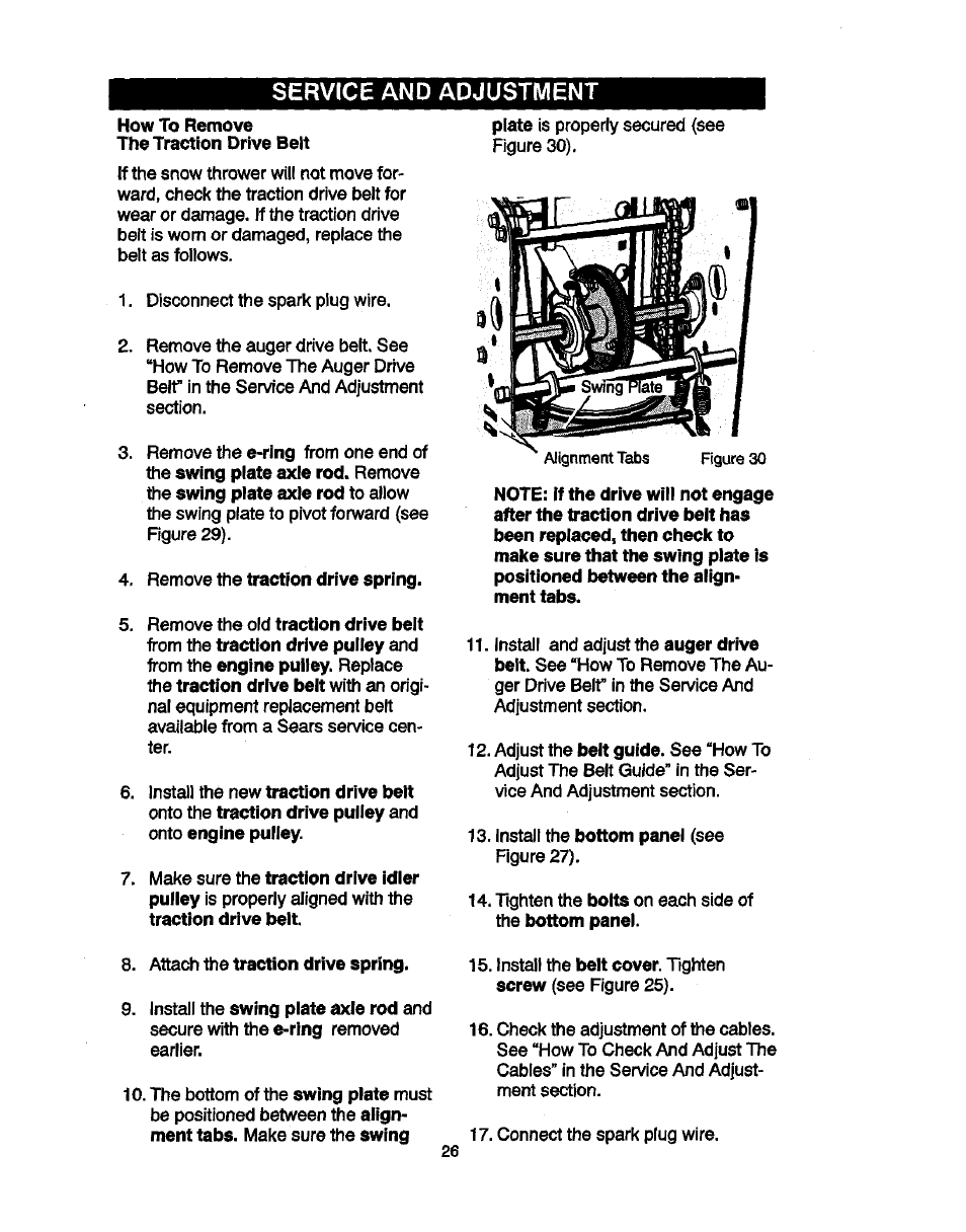 How to remove the traction drive belt, Remove the traction drive spring, Service and adjustment | Craftsman 536881851 User Manual | Page 26 / 100