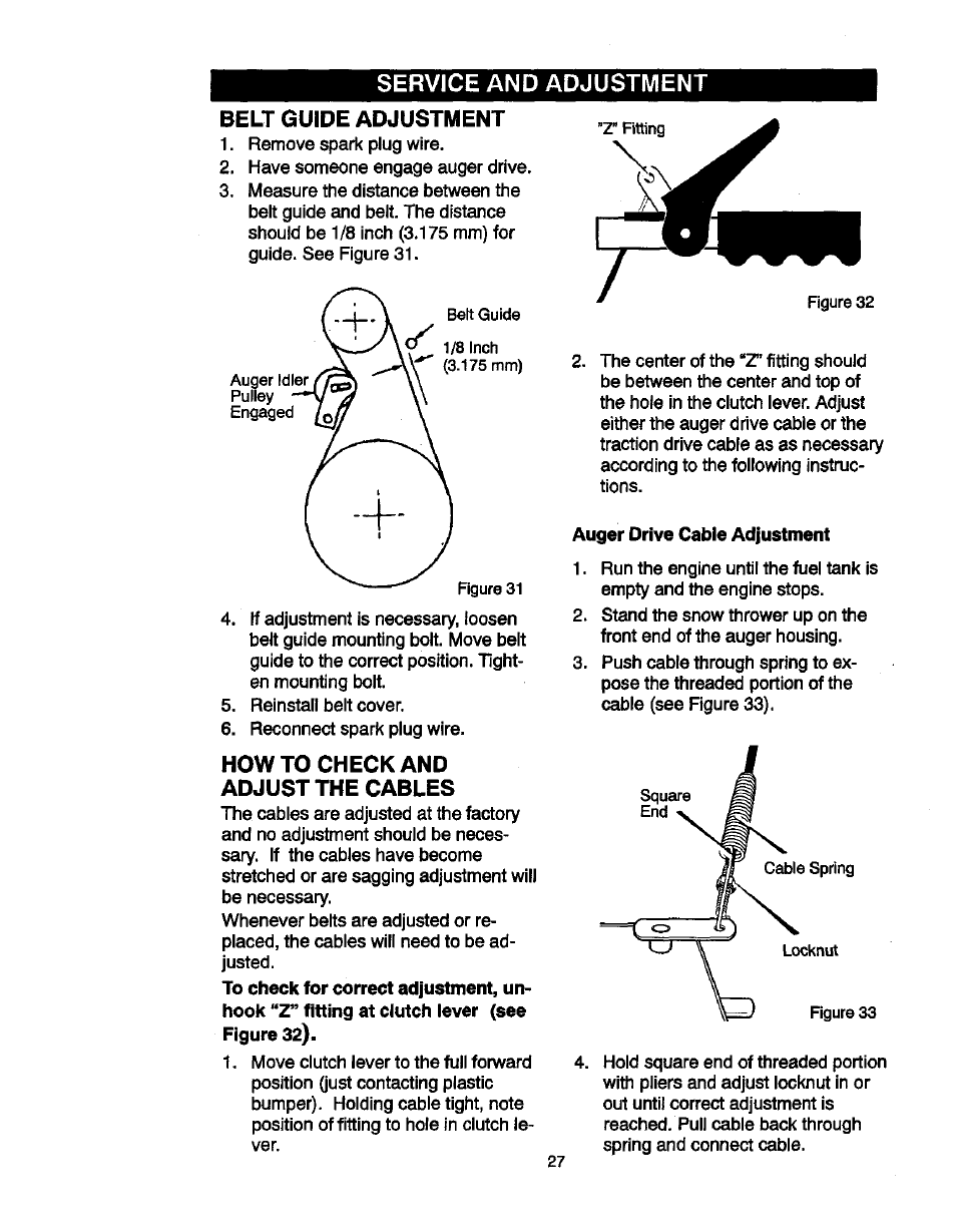Belt guide adjustment, How to check and adjust the cables, Auger drive cable adjustment | Service and adjustment | Craftsman 536881851 User Manual | Page 27 / 100