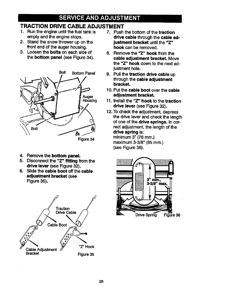 Traction drive cable adjustment, Remove the bottom panel, Service and adjustment | Craftsman 536881851 User Manual | Page 28 / 100