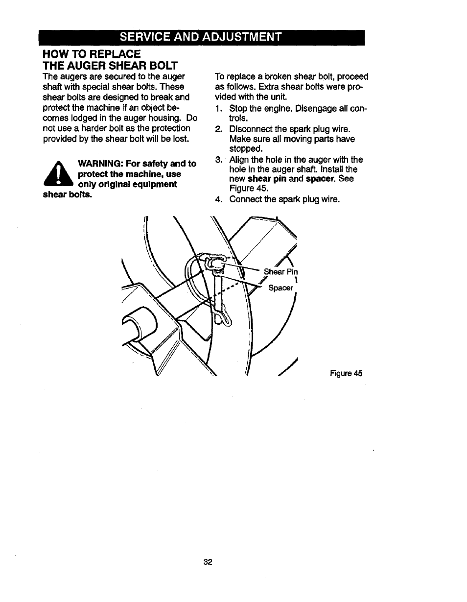 How to replace the auger shear bolt | Craftsman 536881851 User Manual | Page 32 / 100