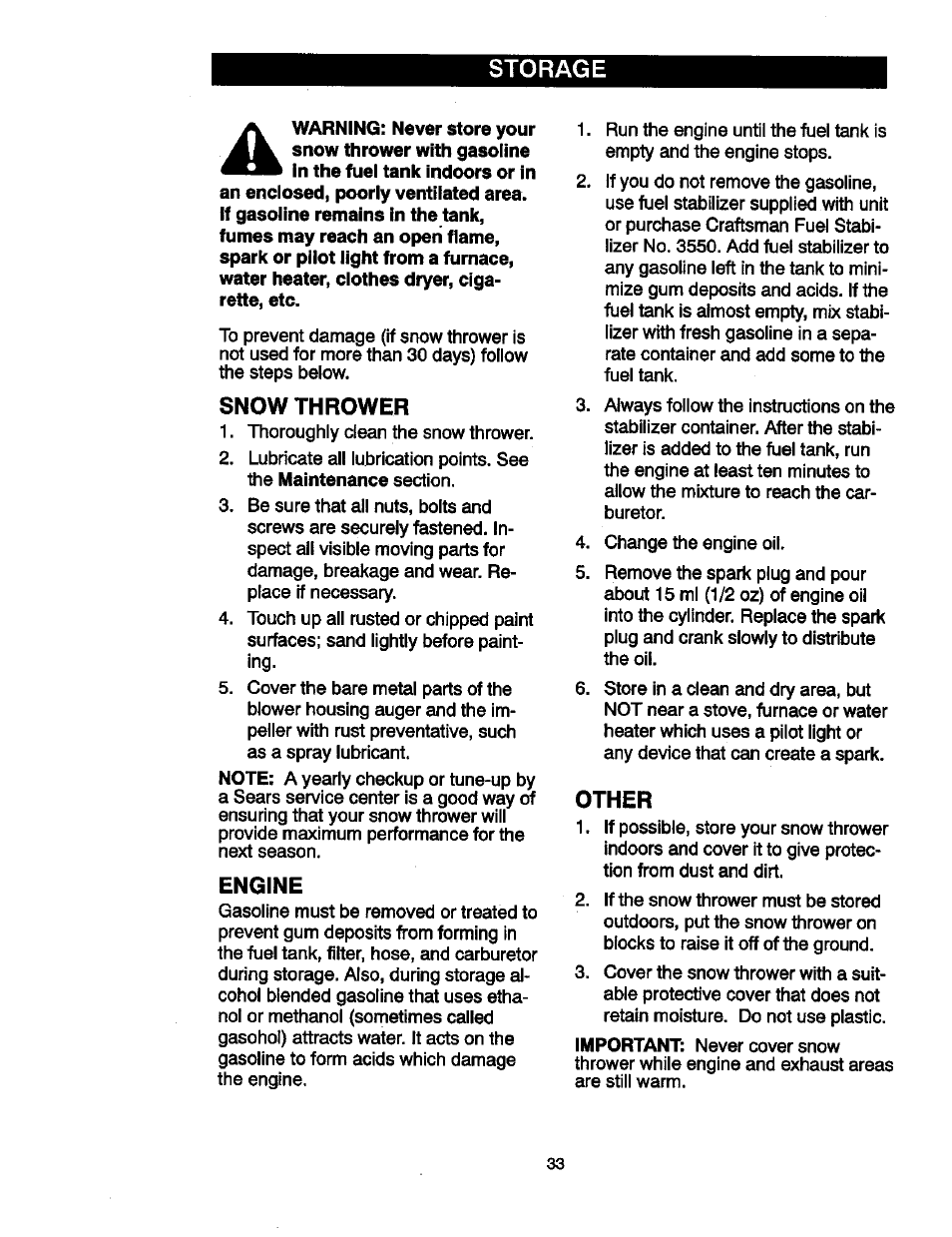 Storage, Snow thrower, Engine | Other | Craftsman 536881851 User Manual | Page 33 / 100