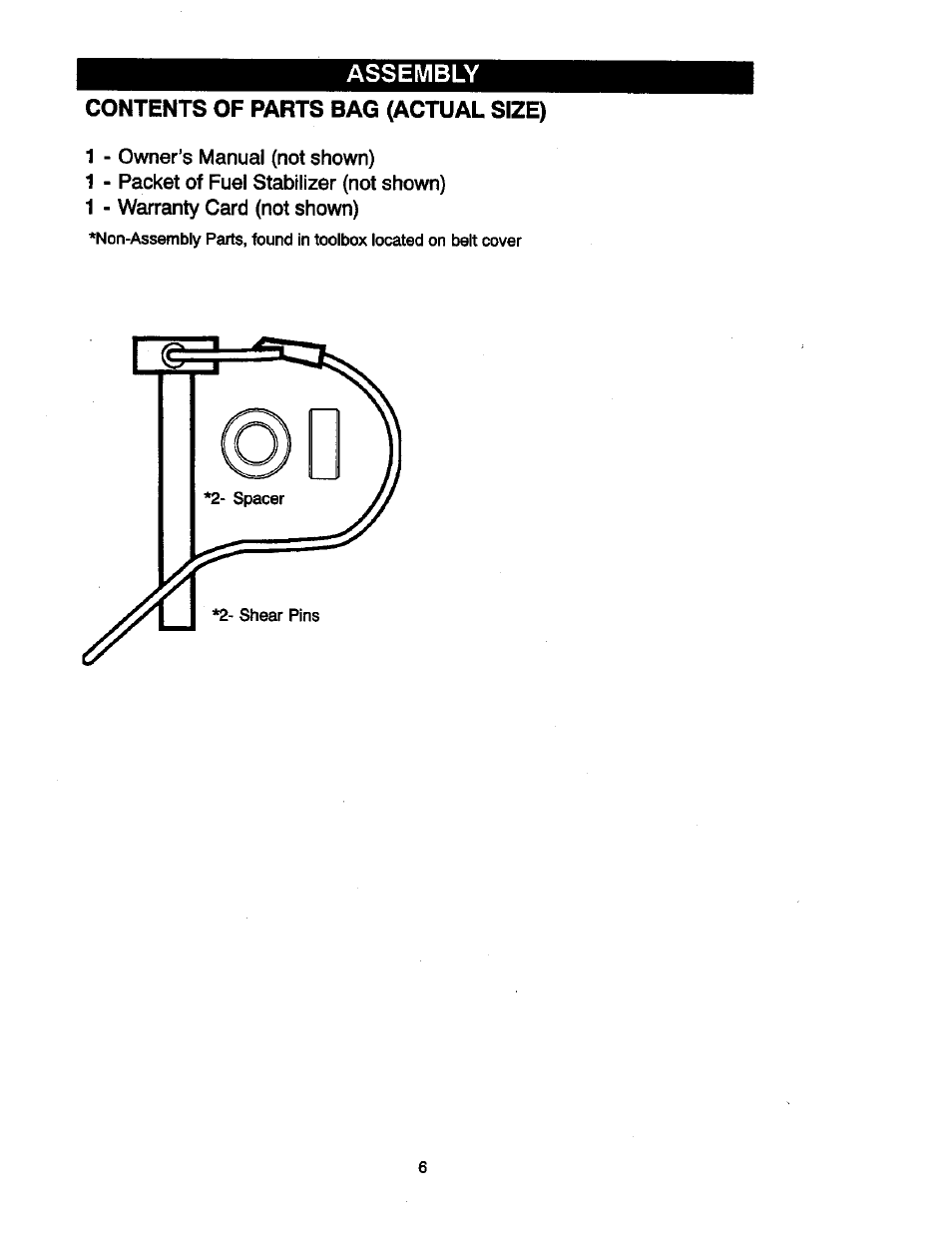 Contents of parts bag (actual size), Assembly | Craftsman 536881851 User Manual | Page 6 / 100