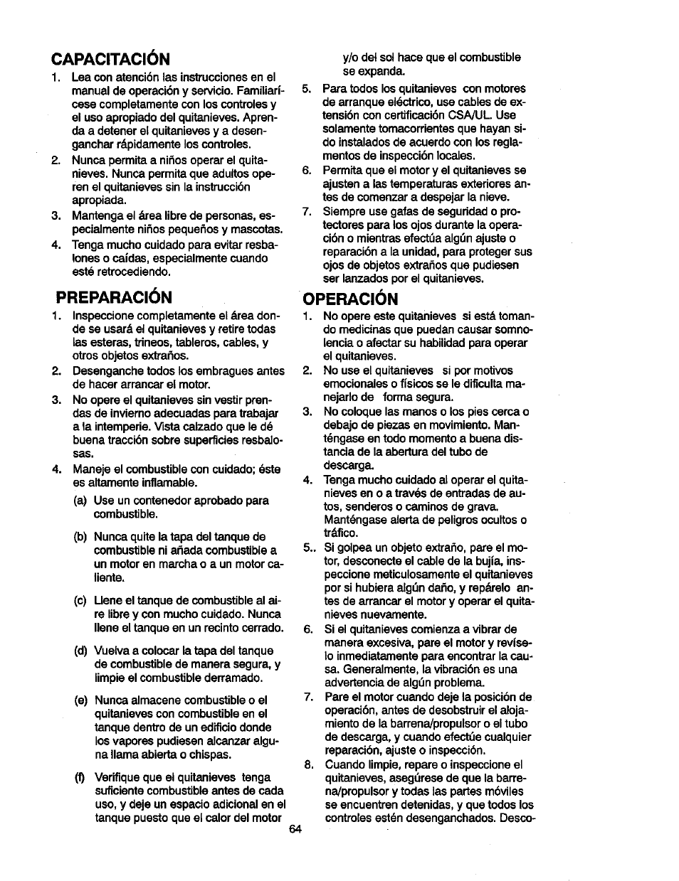 Capacitación, Preparación, Operación | Craftsman 536881851 User Manual | Page 64 / 100