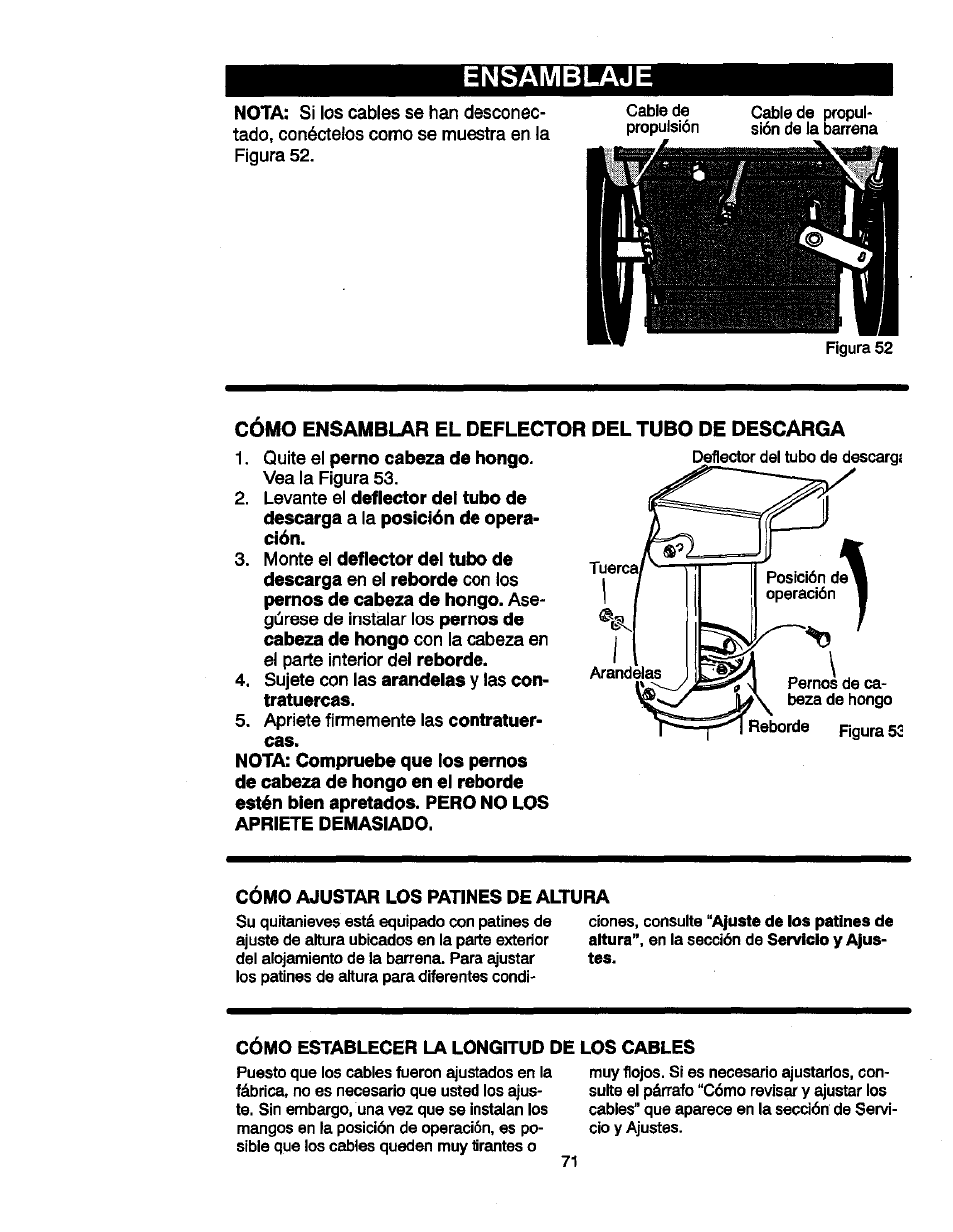 Ensamblaje, Cómo ensamblar el deflector del tubo de descarga | Craftsman 536881851 User Manual | Page 71 / 100