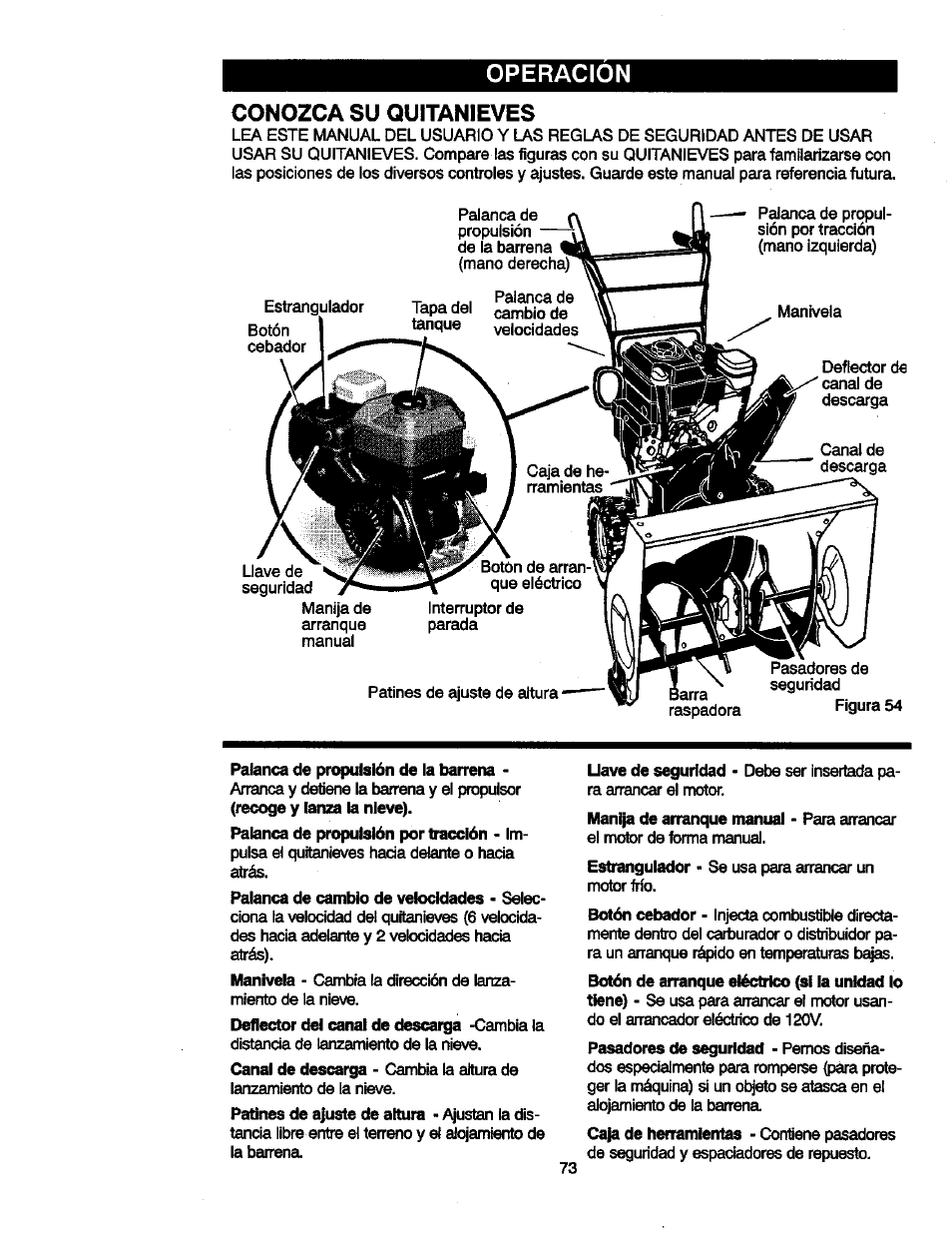 Operacion, Conozca su quitanieves | Craftsman 536881851 User Manual | Page 73 / 100