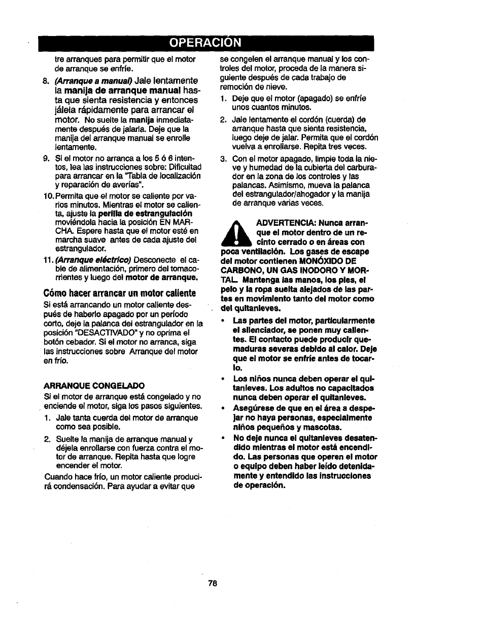 Cómo hacer arrancar un motor caliente, Operacion | Craftsman 536881851 User Manual | Page 78 / 100