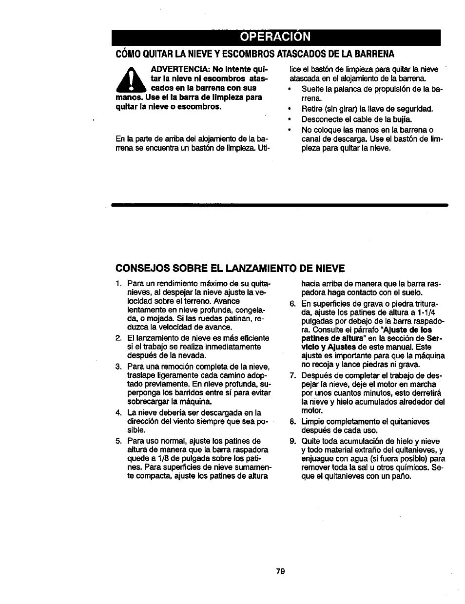 Consejos sobre el lanzamiento de nieve, Operacion | Craftsman 536881851 User Manual | Page 79 / 100