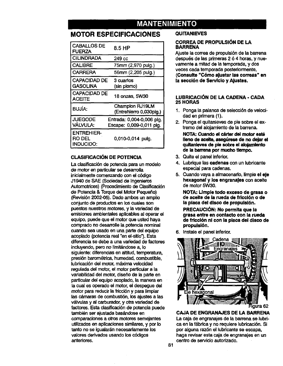 Motor especificaciones, Mantenimiento | Craftsman 536881851 User Manual | Page 81 / 100