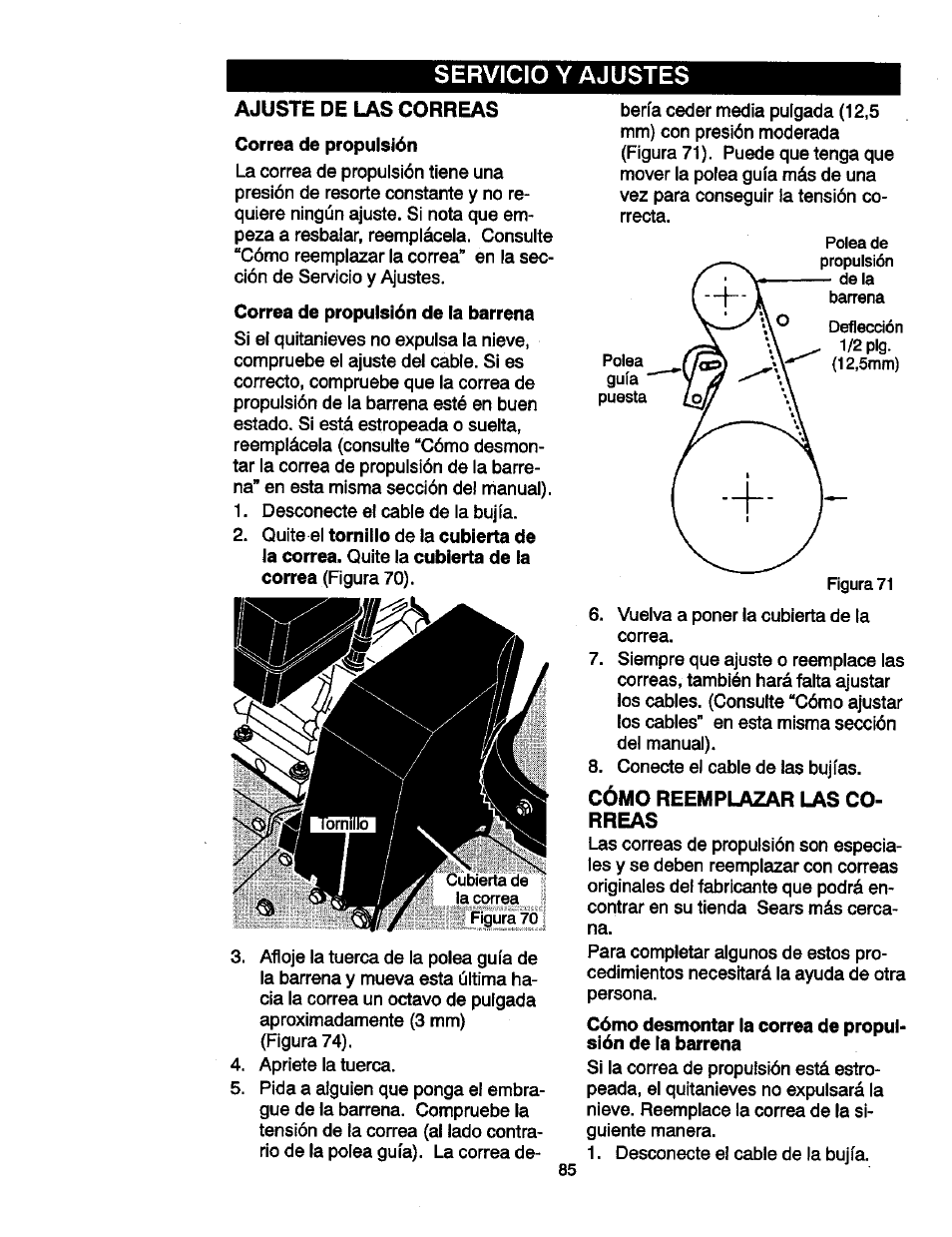 Ajuste de las correas, Cómo reemplazar las correas, Servicio y ajustes | Craftsman 536881851 User Manual | Page 85 / 100