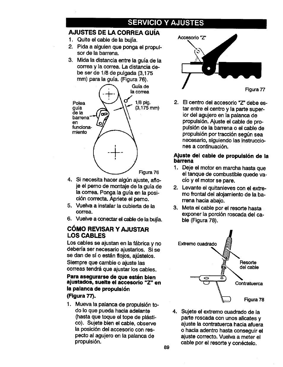 Ajustes de la correa guía, Cómo revisar y ajustar los cables, Servicio y ajustes | Craftsman 536881851 User Manual | Page 89 / 100