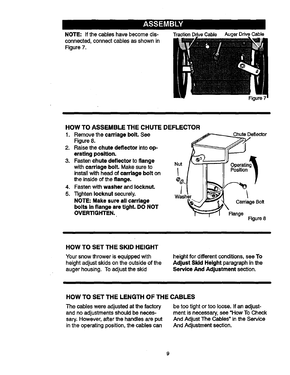 How to assemble the chute deflector, Raise the chute deflector into operating position, How to set the skid height | How to set the length of the cables, Assembly | Craftsman 536881851 User Manual | Page 9 / 100