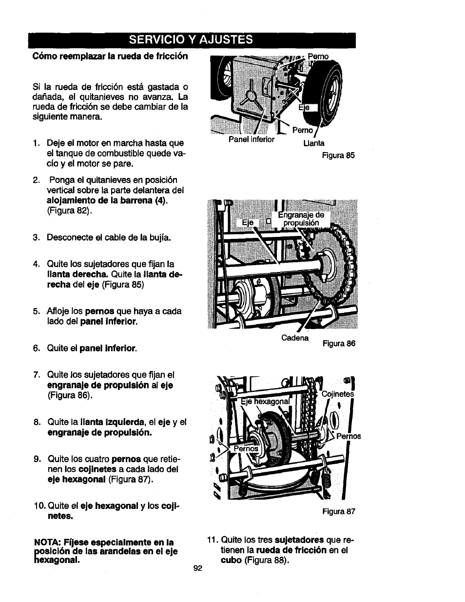 Cómo reemplazar la rueda de fricción, Quite el panel inferior, Quite el eje hexagonal y los cojinetes | Servicio y ajustes | Craftsman 536881851 User Manual | Page 92 / 100