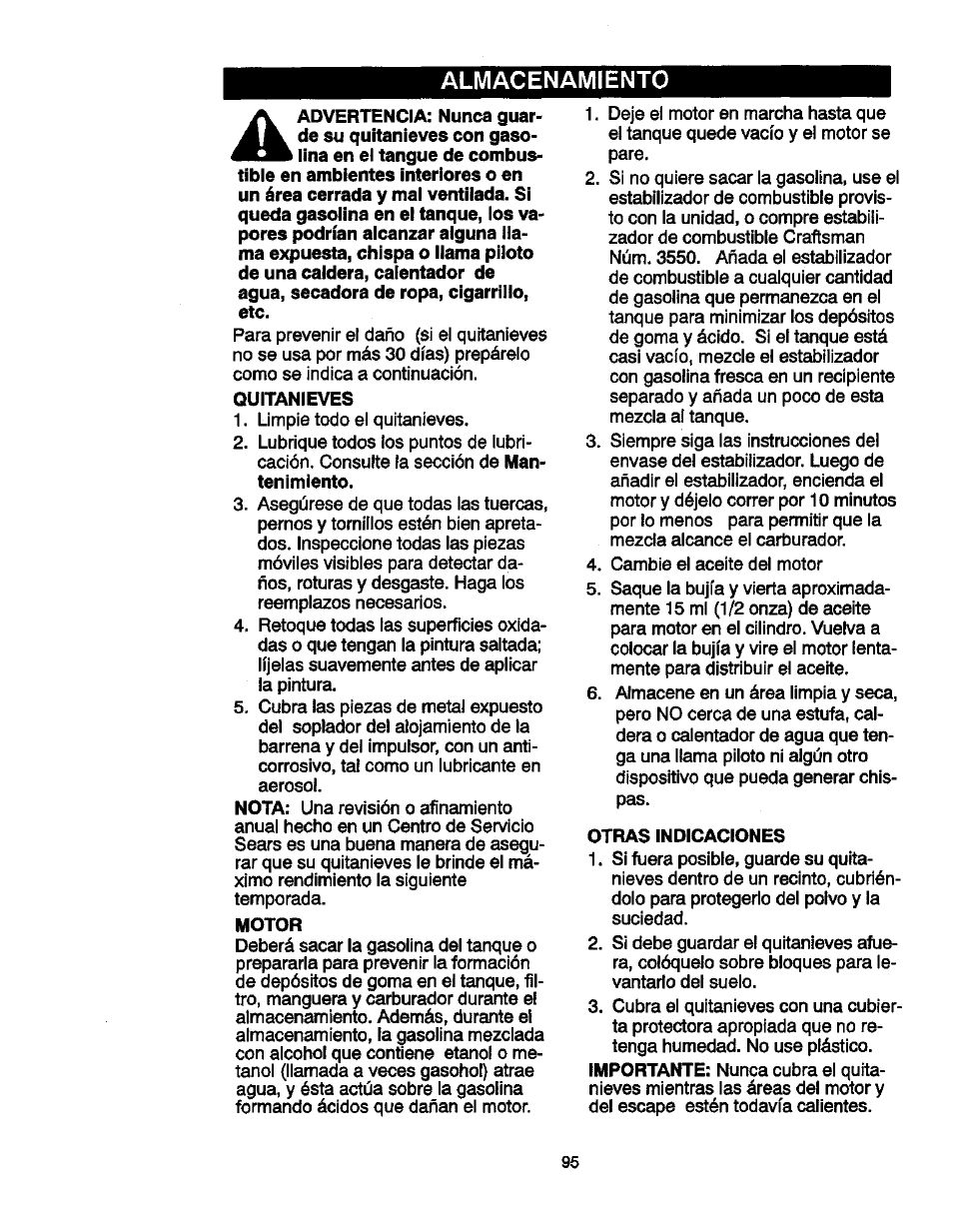 Almacenamiento, Quitanieves, Motor | Otras indicaciones | Craftsman 536881851 User Manual | Page 95 / 100